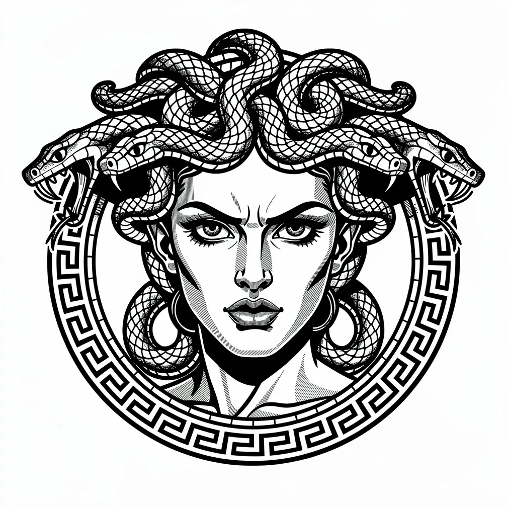 Blackwork portrait of Medusa with a crown of writhing snakes and an ornate Greek key border framing her intense gaze.