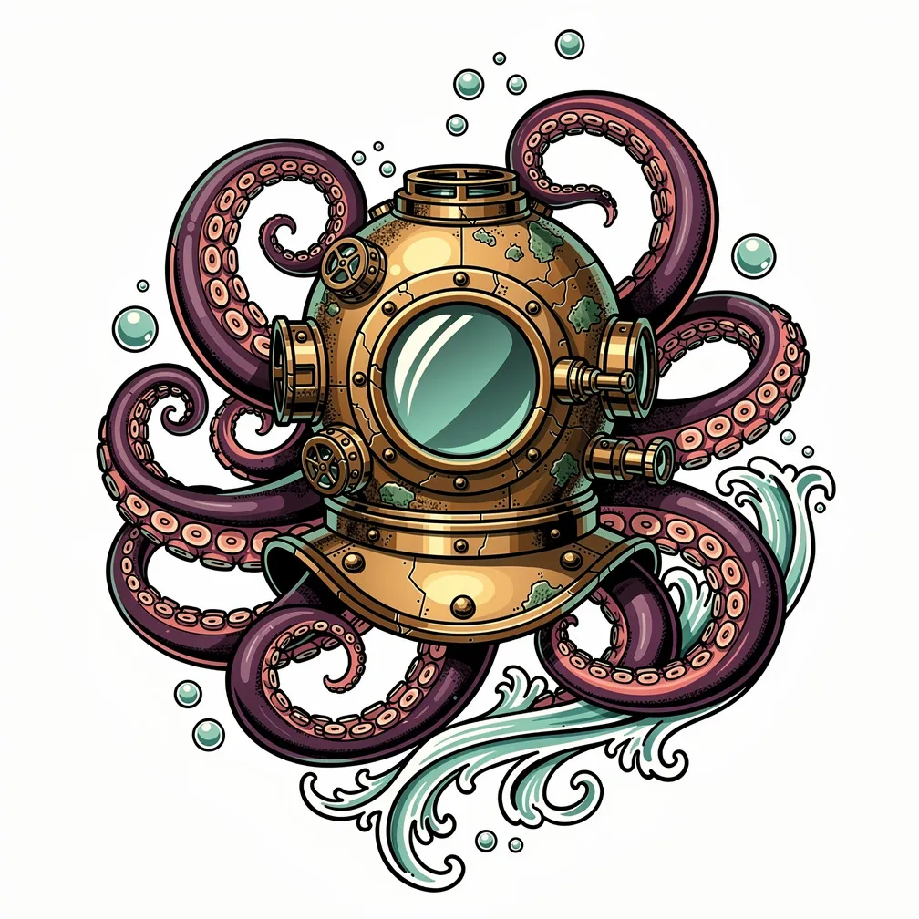 A neo-traditional giant octopus wraps tentacles around a vintage diving helmet as deep-sea bubbles rise around it.