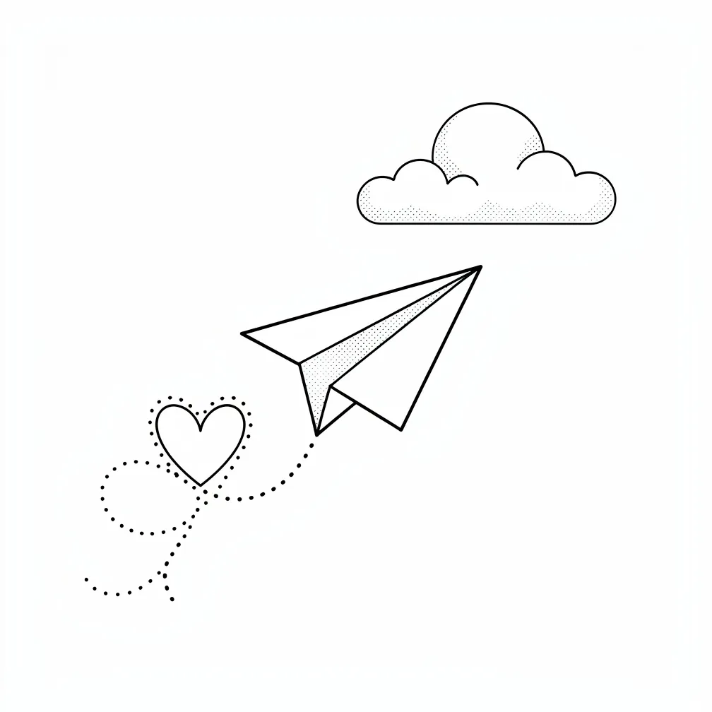 A minimalist linework paper airplane with a dotted flight path forming a heart before rising into simple clouds.