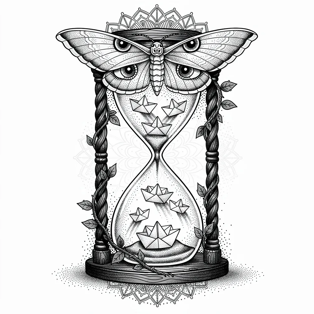 A dotwork ornate hourglass with moth-wing glass bulbs, paper boats falling like sand with faint ink trails, and a vine-braided wooden frame with iridescent stippling.