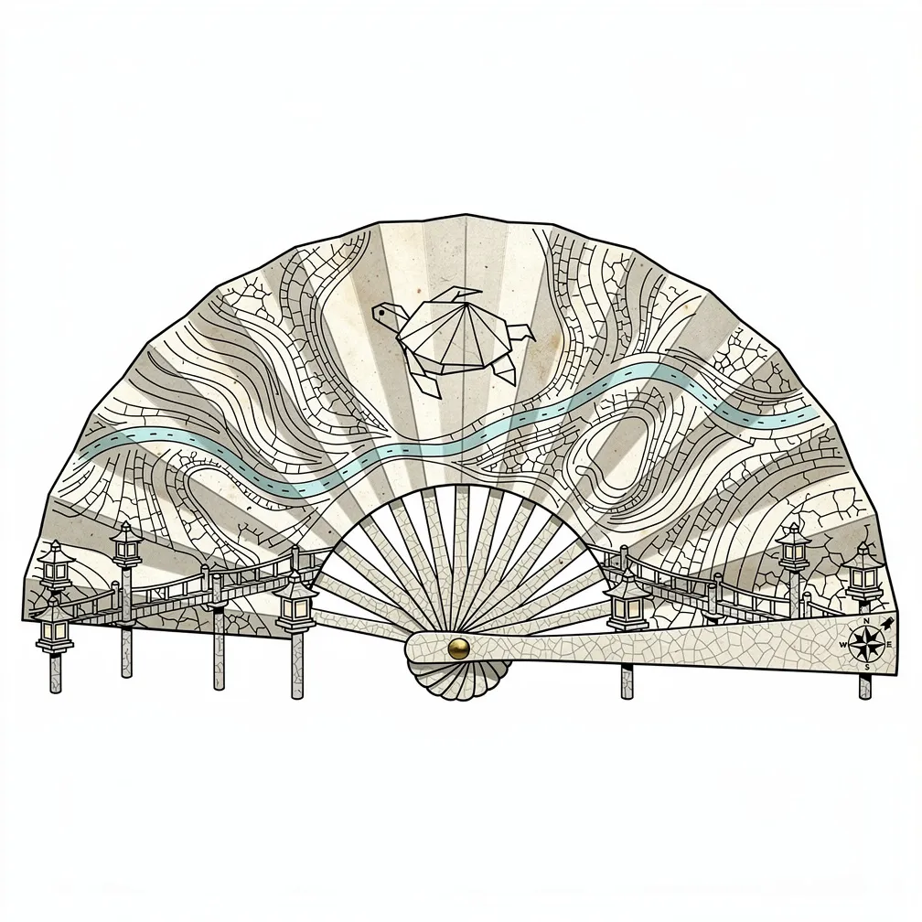 A fine-line cracked porcelain folding fan with map-like contour lines, a winding river, bridge-like ribs with lantern piers, an origami turtle, and a tiny compass rose rivet.