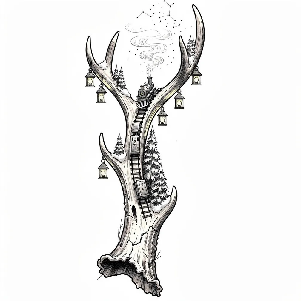 An illustrative weathered stag antler with a tiny lamp-lit steam train winding through snowy pines, lanterns on tines, and smoke fading into constellations.