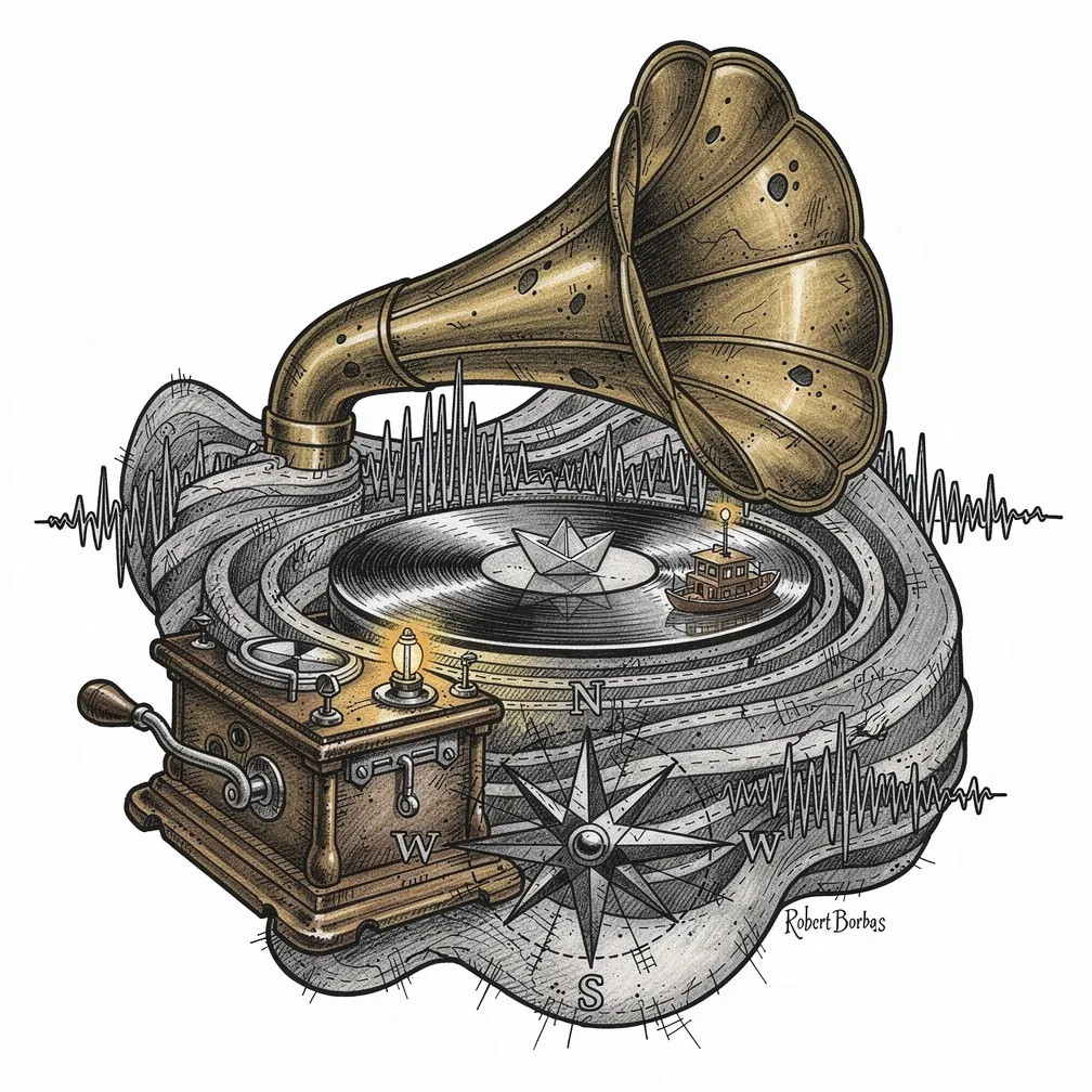 An illustrative vintage brass phonograph horn morphs into a map-like landscape with topographic soundwaves, spiral roads, paper boats on a vinyl lake, and a compass rose.