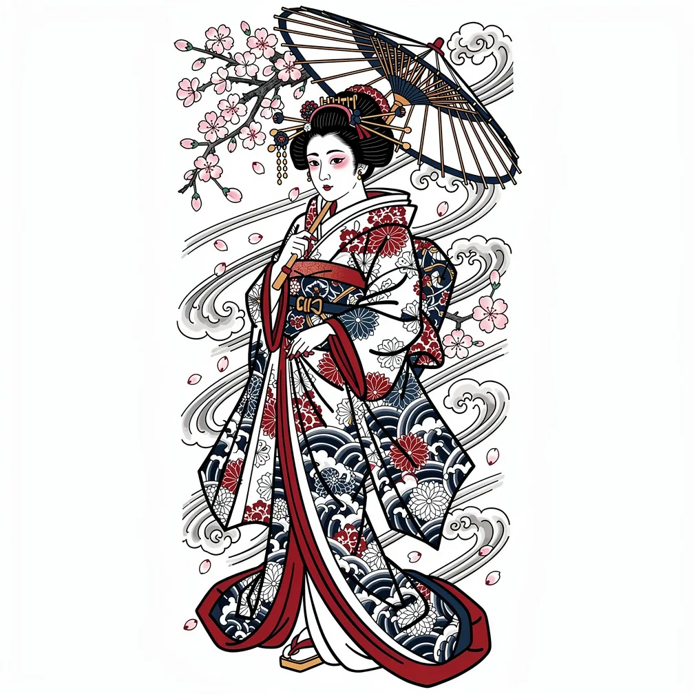 A Japanese irezumi-style geisha in an ornate kimono holds a parasol as wind lifts the silk and cherry blossoms swirl around her.