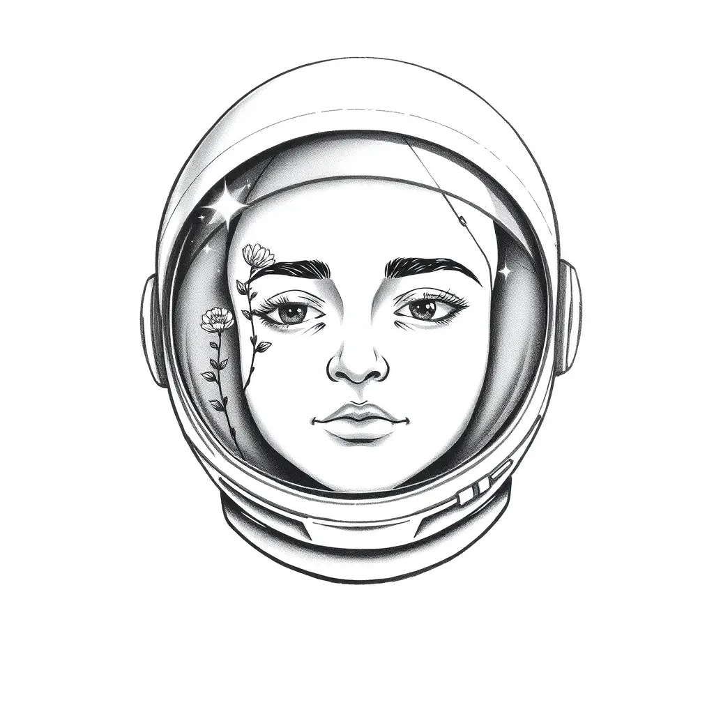An illustrative astronaut floating in space with wildflowers growing from cracks in the helmet visor and stars reflected in the glass