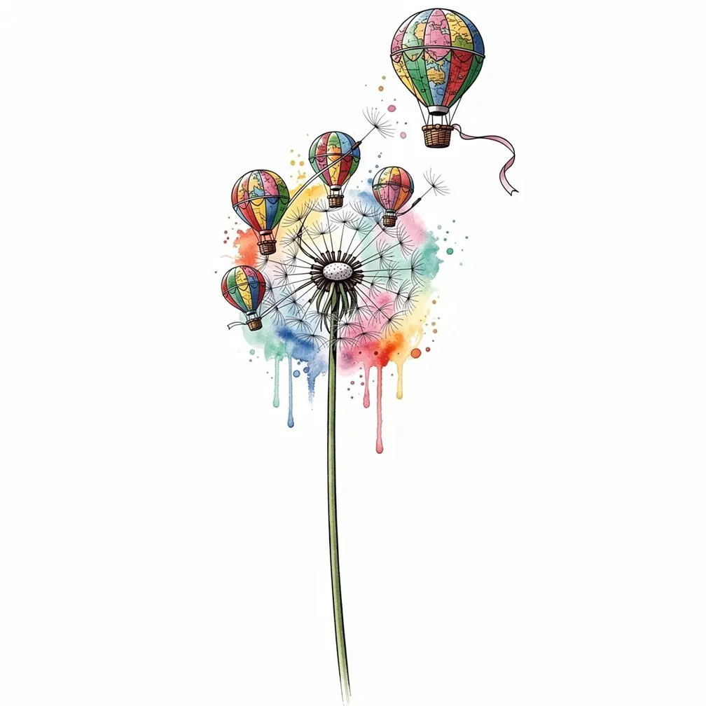 A watercolor dandelion puff releasing seeds as tiny stitched hot-air balloons with map canopies, twig baskets, ink flight-lines, and one trailing coordinate ribbon.