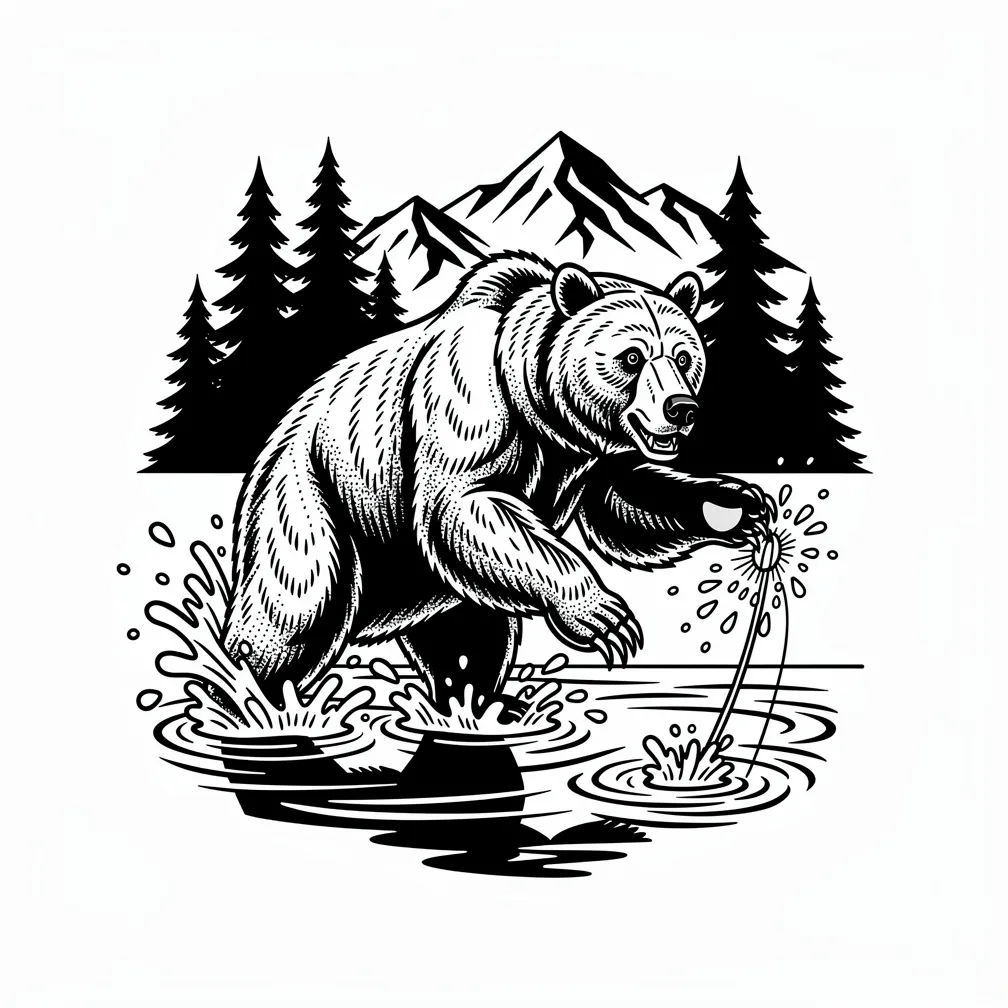 A realism grizzly bear fishing in a mountain stream with splashing water and a pine forest background.