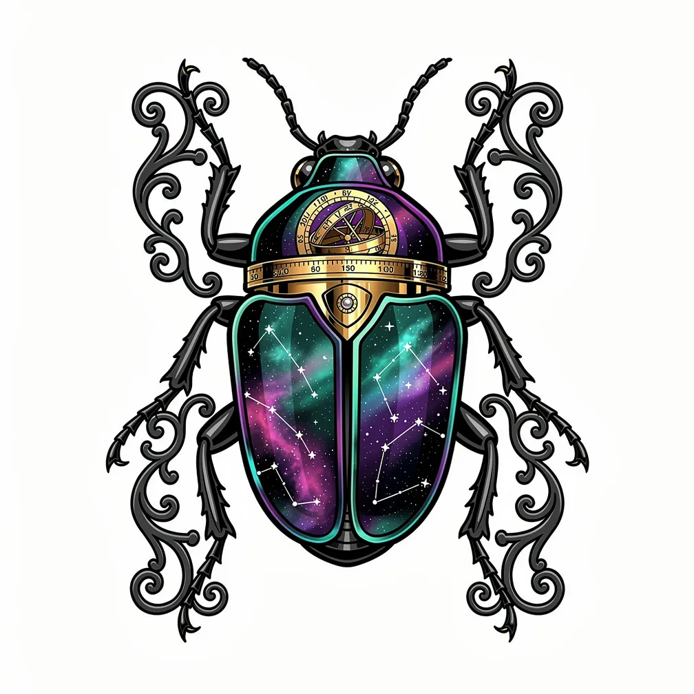 A neo-traditional jewel beetle with stained-glass elytra filled with nebulae and stitched constellations, a brass astrolabe thorax, and wrought-iron filigree legs.