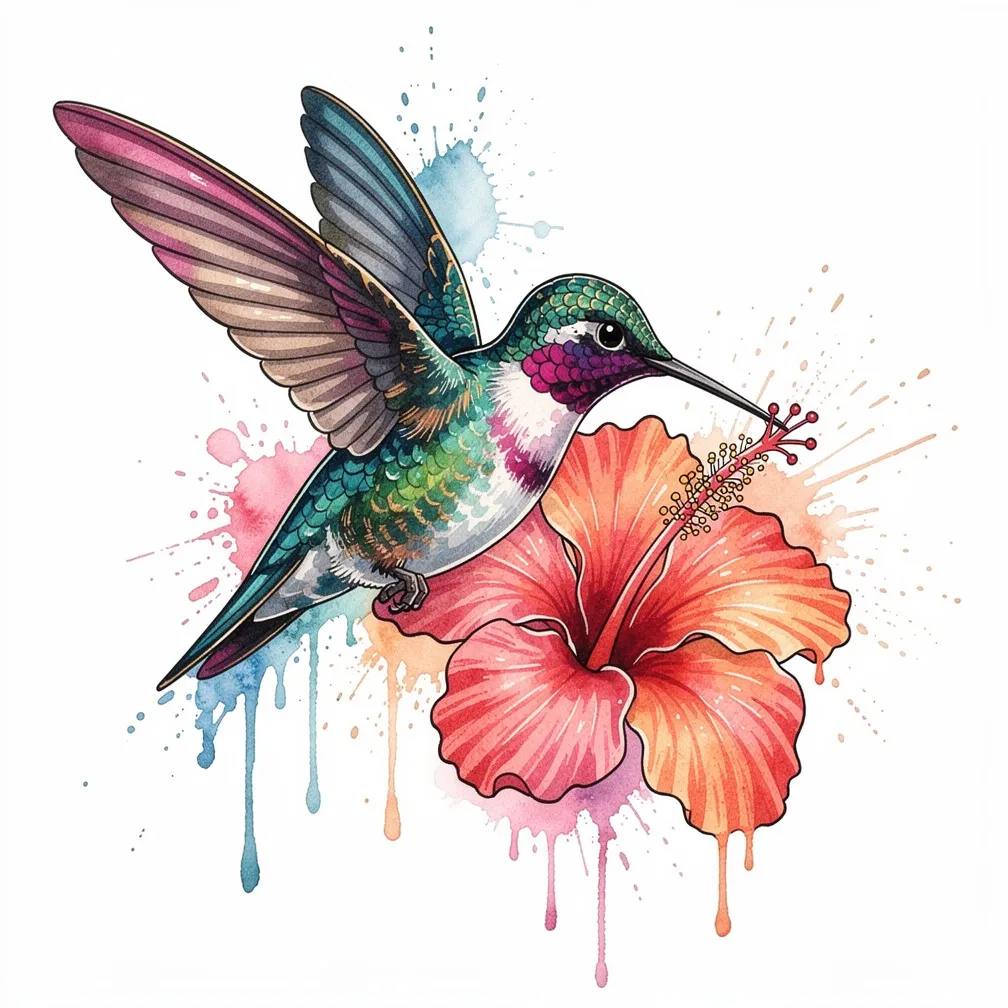 A watercolor-style hummingbird mid-flight sipping nectar from a tropical hibiscus, with iridescent feathers and soft color washes