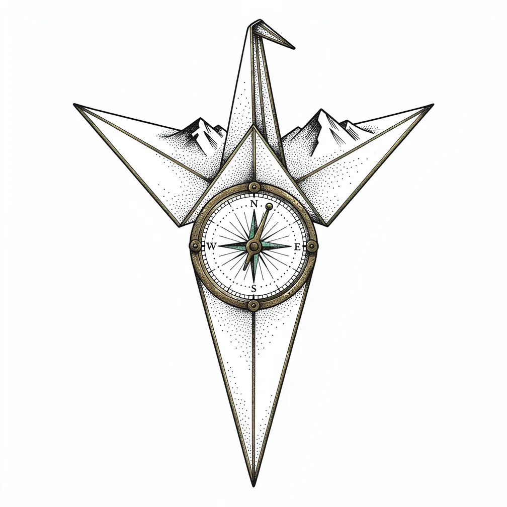 A fine-line paper crane rendered as an antique pocket sundial with brass-edged creases, a tiny gnomon, mountain-like wing shadows and a compass rose etched on its breast.