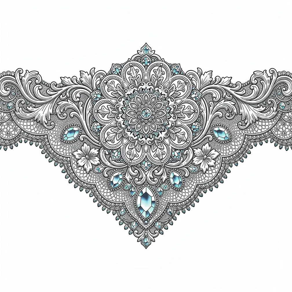 A symmetrical ornamental chest piece with floral filigree, lace-like borders, and small jewel accents rendered in ornate linework.