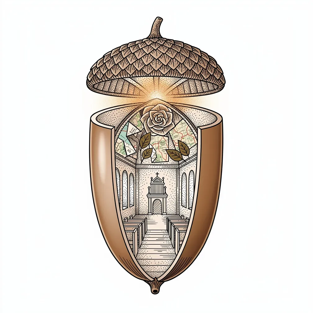 A fine-line weathered acorn split open to reveal a tiny paper oratory made of map pages and leaves, with stitched-constellation rose window and soft amber glow.