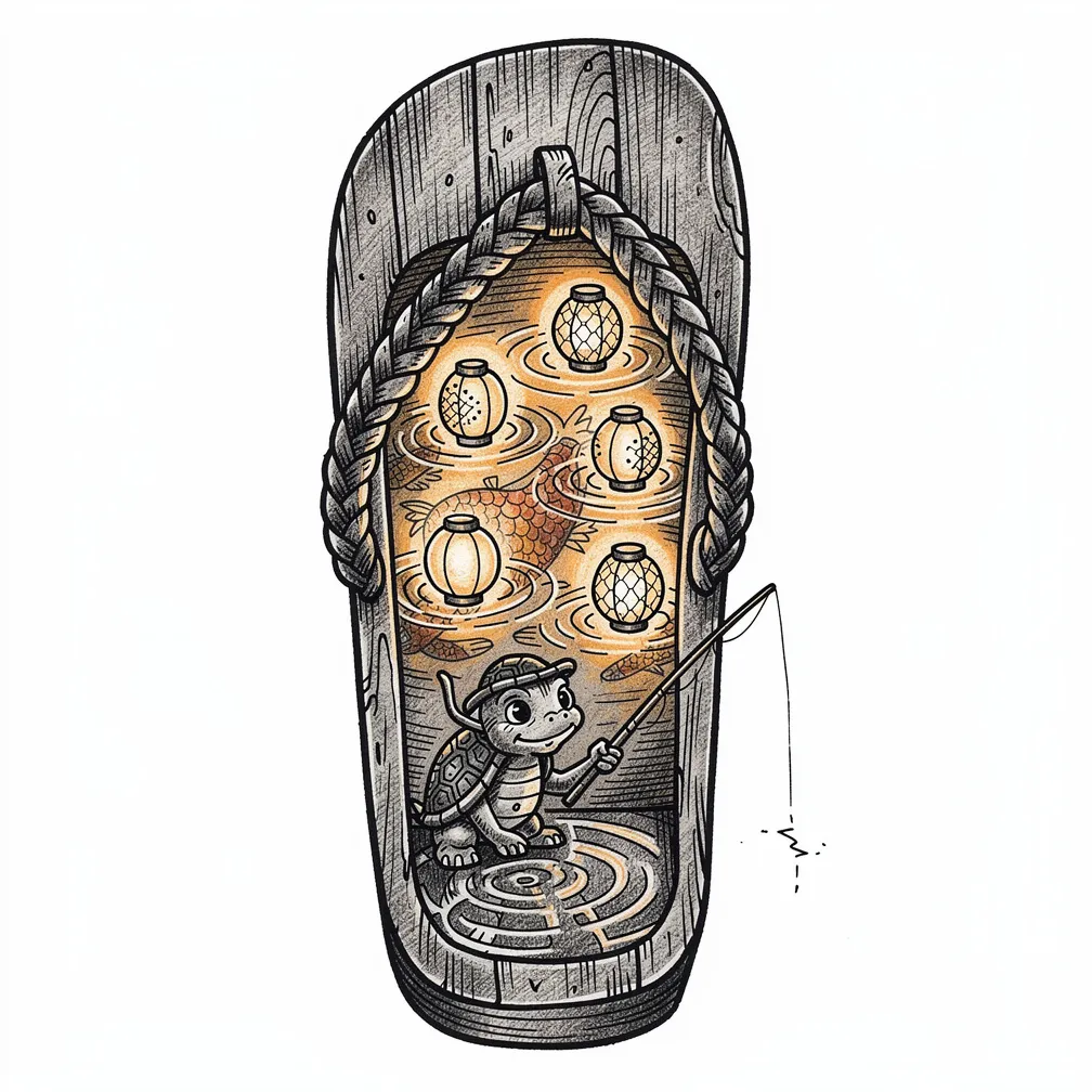 An illustrative Japanese geta sandal split open to reveal a warm lantern-lit miniature koi pond, with a tiny turtle angler perched on the rim holding a toothpick pole.