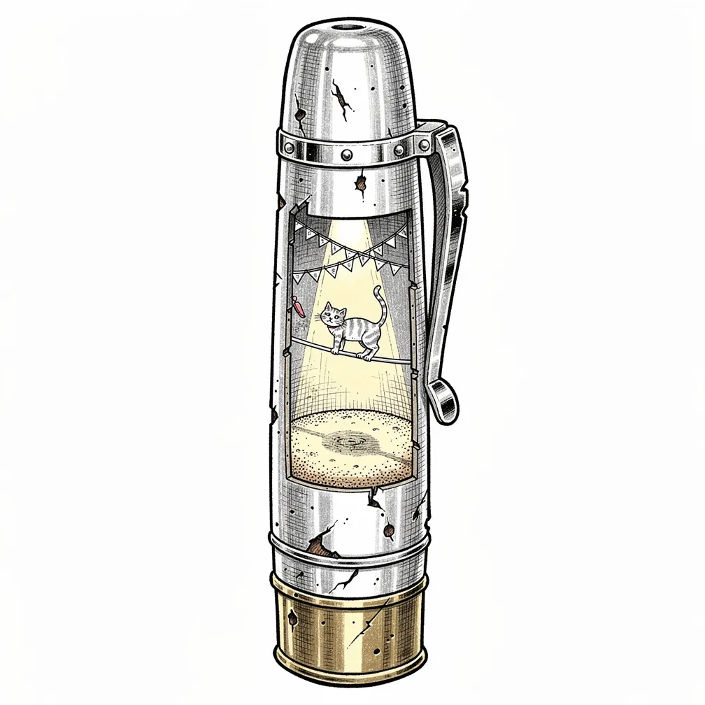 An illustrative vintage fountain-pen cap opens like a stage to reveal a lamp-lit miniature circus with bunting, a sawdust ring, and an acrobat cat on a silvery tightrope.