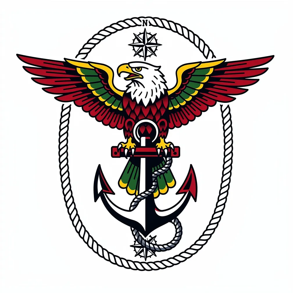 A traditional-style fierce eagle with outstretched wings clutching an anchor, framed by nautical rope and compass roses in bold colors