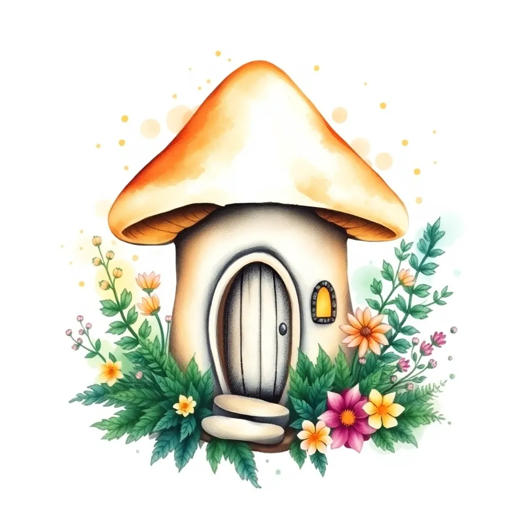 A watercolor mushroom cottage with a tiny door and warm glowing windows surrounded by ferns and drifting fireflies