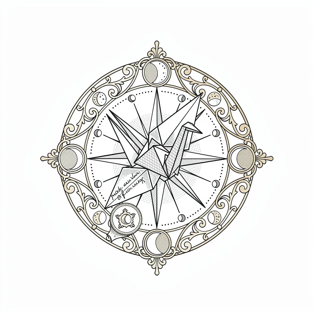 A fine-line ornate compass rose with filigree, moon-phase inlays, and an origami crane needle made from a cursive love letter with a partial wax seal.