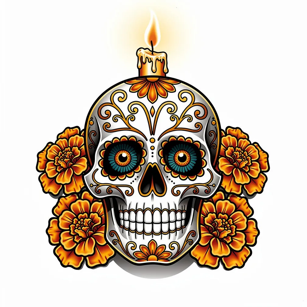 Neo-tradiční cukrová lebka ve stylu Día de los Muertos s měsíčky, zapálenými svíčkami a zdobnými filigránovými vzory přes obličej.