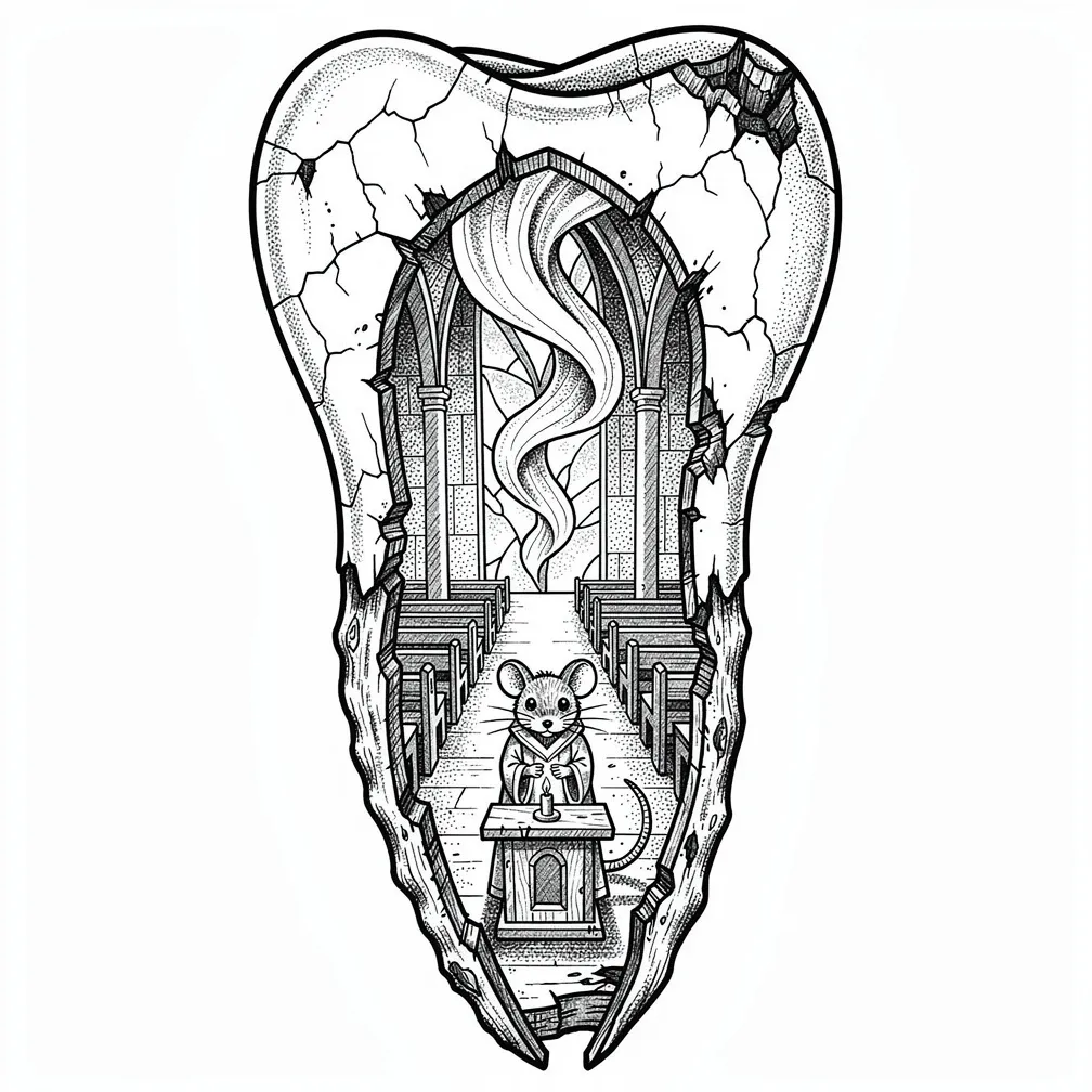 An illustrative split, weathered molar carved into a tiny bone chapel with pews, an aurora-like stained-glass window, and a solemn mouse-priest holding a candle.
