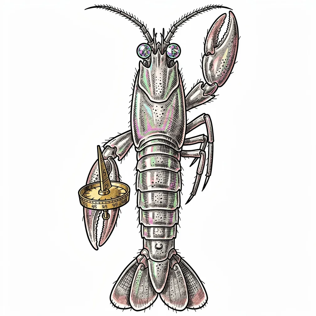 An illustrative taxidermy-style mantis shrimp specimen with an iridescent carapace, opal compound eyes, and a brass sundial gnomon replacing its club.