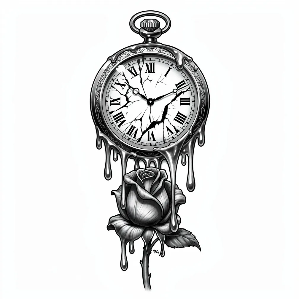A realism surreal tattoo of a melting pocket watch draped over a wilting rose, with dripping details suggesting time dissolving.