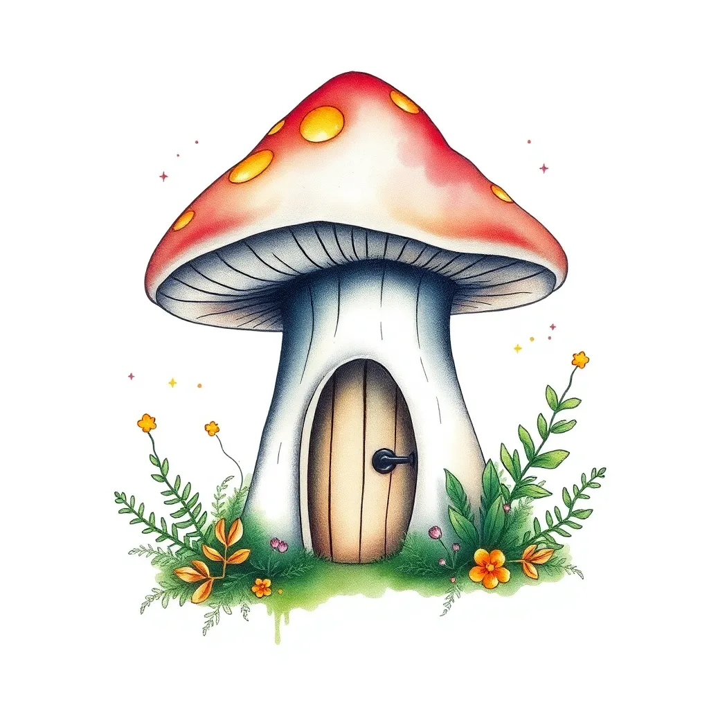 A watercolor fairy mushroom cottage with a tiny glowing door and windows, surrounded by ferns and drifting fireflies.