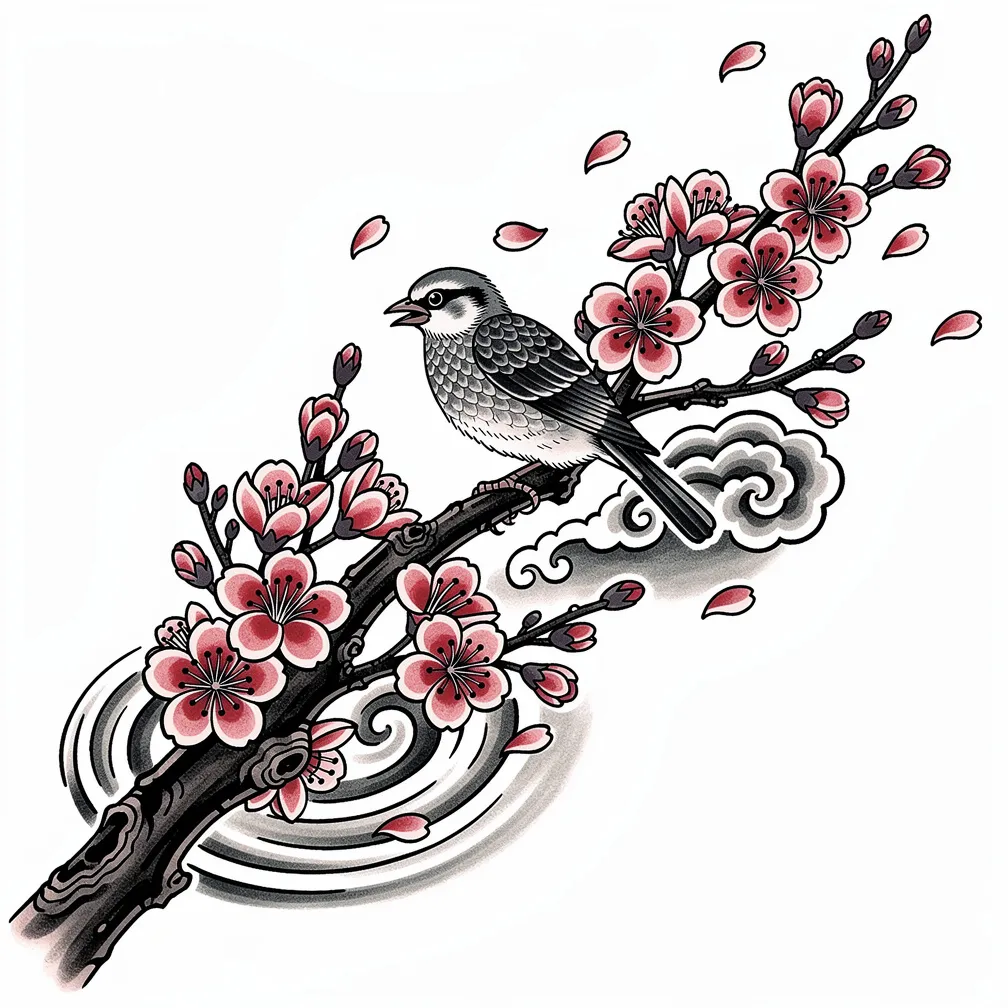Rama de flor de cerezo de estilo japonés, con pétalos volando al viento y un pequeño gorrión posado entre las flores, trazada con líneas fluidas y suaves acentos de color.