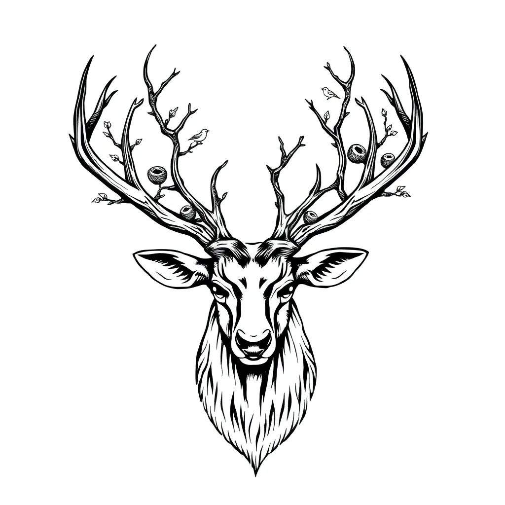 A blackwork majestic stag whose antlers transform into intertwining tree branches with small birds nesting among them, rendered in bold black lines and fills.