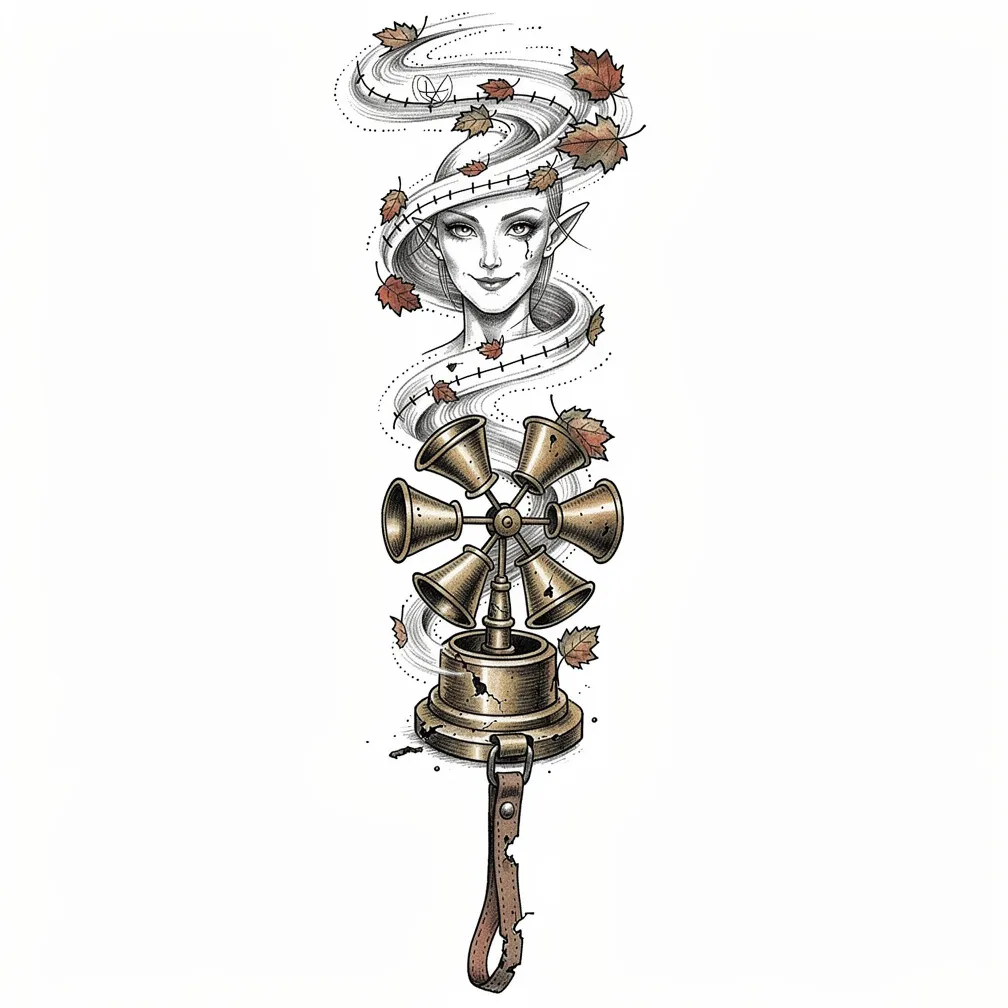 An illustrative vintage pocket anemometer with brass cups, a cracked strap, and a swirling spiral of tiny wind-spirits and stitched autumn leaves like a weather map.