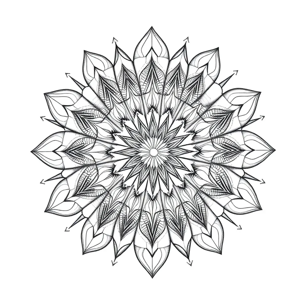 An intricate dotwork mandala with concentric rings of geometric petals radiating symmetrically outward, rendered with detailed stippling.