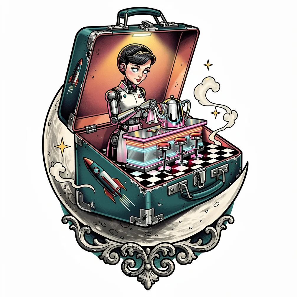 A neo-traditional dented enamel lunchbox opens to a lamp-lit miniature diner on a crescent moon, with neon details and a wistful android waitress polishing a coffee pot.