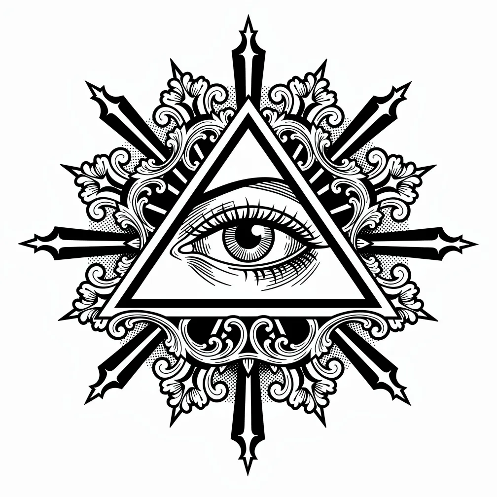 A blackwork Eye of Providence inside a triangle, framed by ornate filigree and radiating light beams.