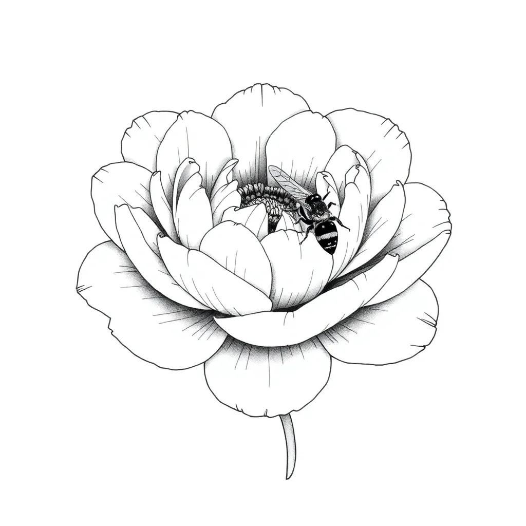 A fine-line single peony in full bloom with layered delicate petals and a small bee resting on one petal, rendered in thin black lines and soft shading.