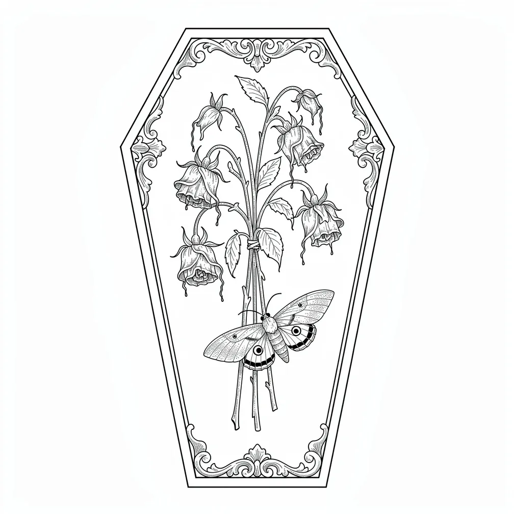 ファインラインで描かれた棺型のフレームの中に、枯れてしおれたバラの花束が収まり、垂れた花びらの上に蛾がとまっている。