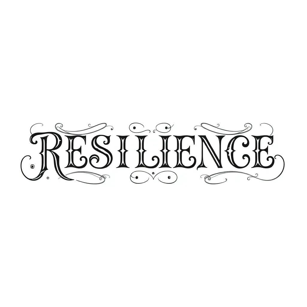 La palabra «RESILIENCE» en lettering decorativo victoriano ornamentado, con florituras ondulantes y detalles de filigrana, realizada en elegante caligrafía en negro y gris con opción de acento dorado.
