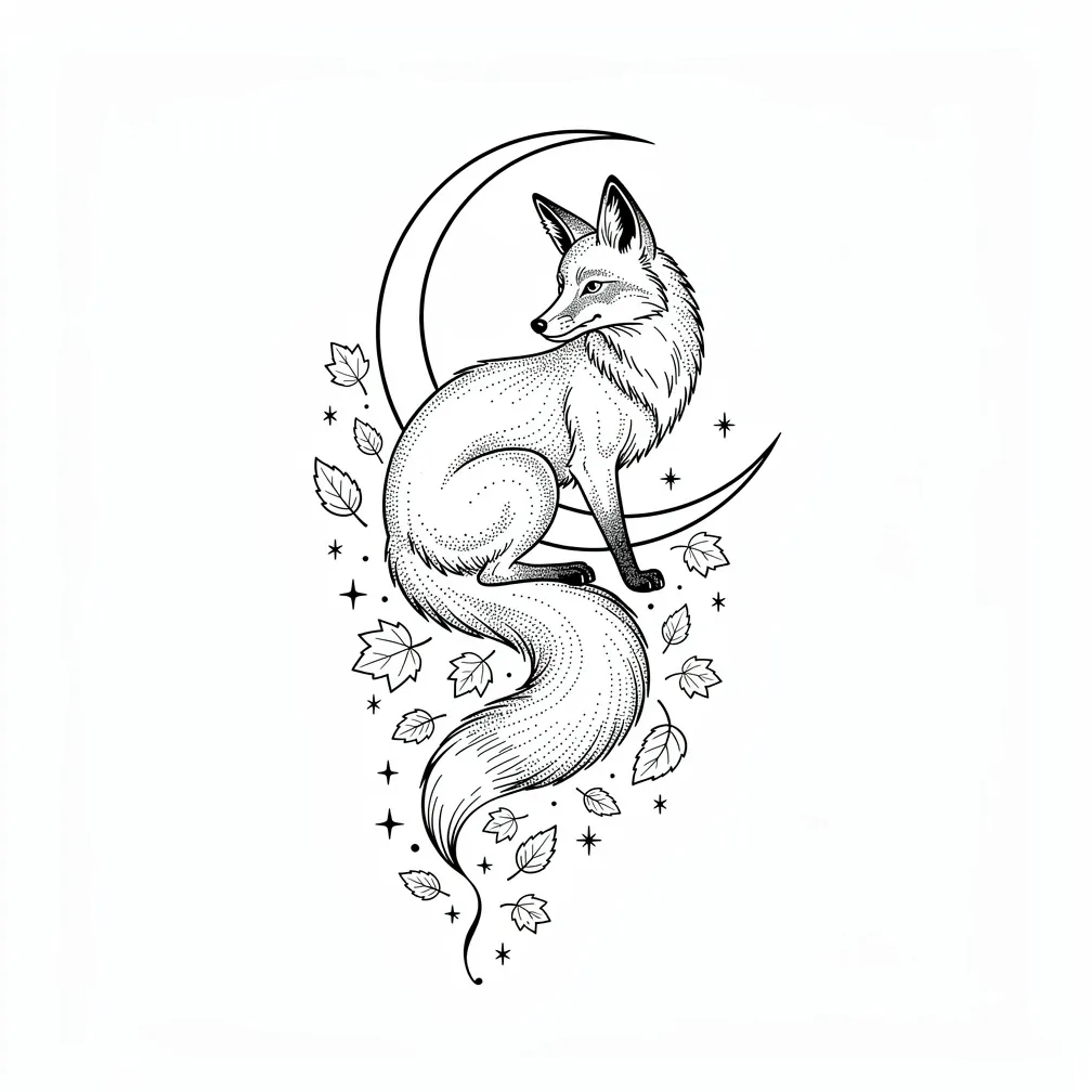 A fine-line fox curled around a crescent moon whose tail dissolves into scattered autumn leaves and tiny stars
