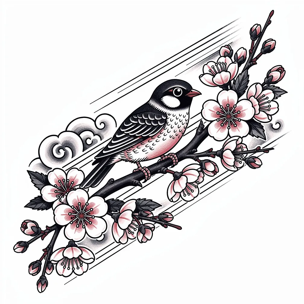 Rama de flor de cerezo de estilo japonés con pétalos llevados por el viento y un pequeño gorrión posado entre las flores, con un lineado elegante y suaves acentos de color.