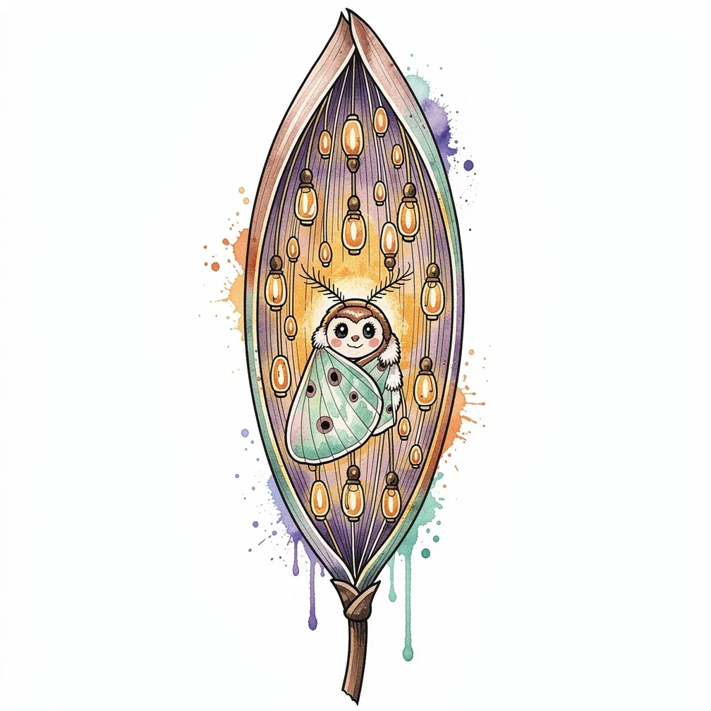 A watercolor milkweed pod opens like a paper lantern, releasing tiny glowing glass seed-lanterns, with one lantern cradling a folded luna moth.