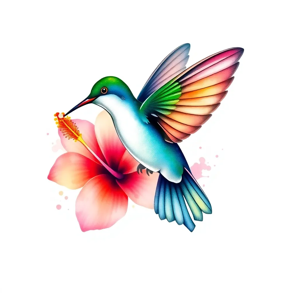 A watercolor hummingbird mid-flight sipping nectar from a tropical hibiscus, with loose washes and iridescent feather highlights.