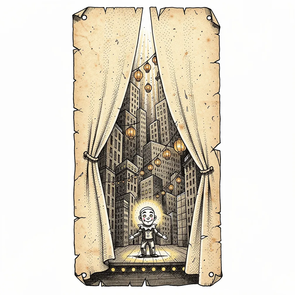 An illustrative yellowed playbill torn like curtains reveals a lamp-lit paper city on a stage, with a solitary white-faced mime rehearsing under a tiny footlight.