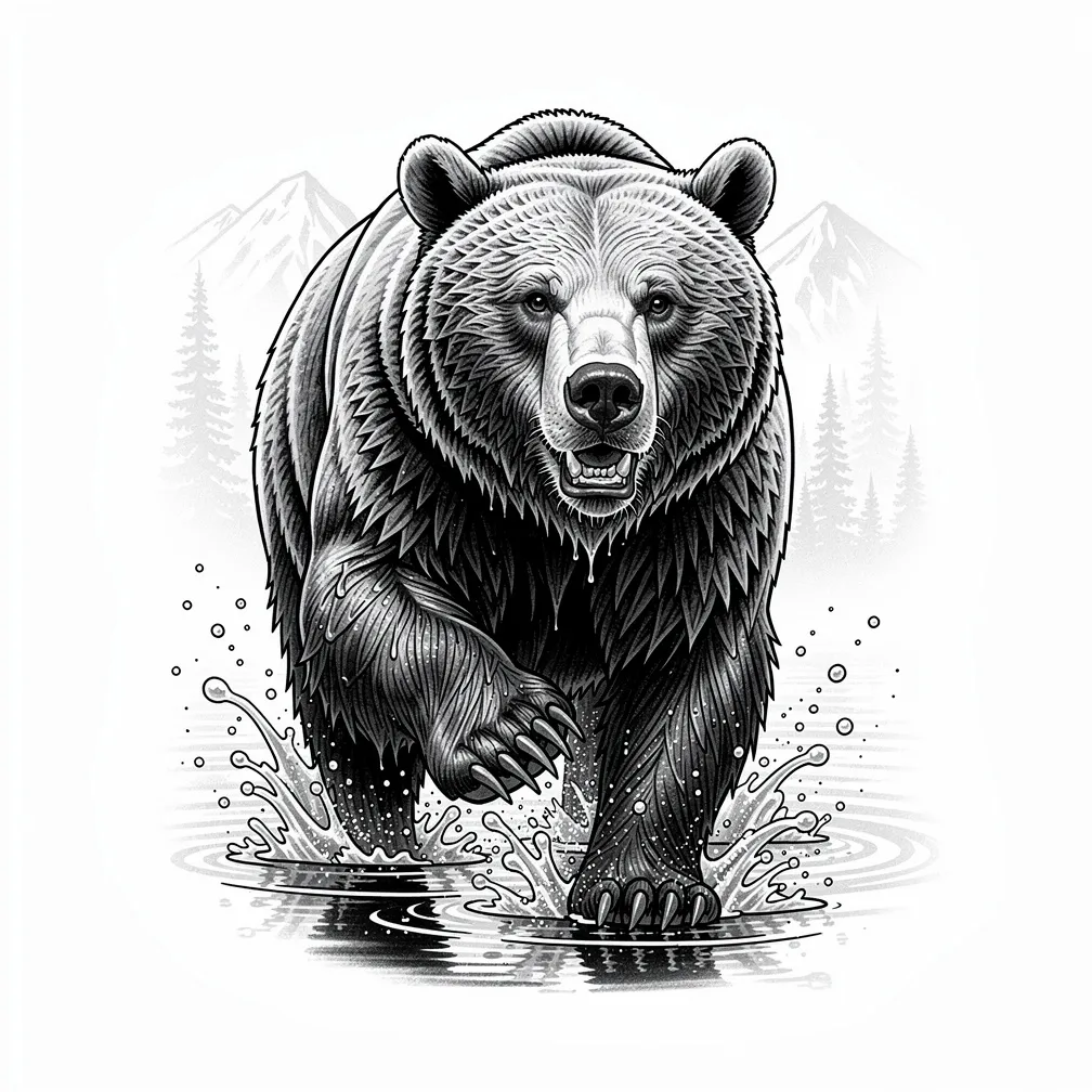A realistic grizzly bear fishing in a mountain stream with water splashing around its paws and a pine forest and peaks in the background.