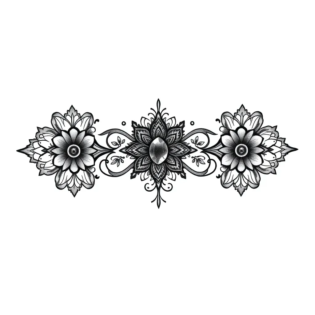 Symmetrical ornamental chest piece of floral filigree with lace-like borders and jewel accents, rendered in an ornamental tattoo style.
