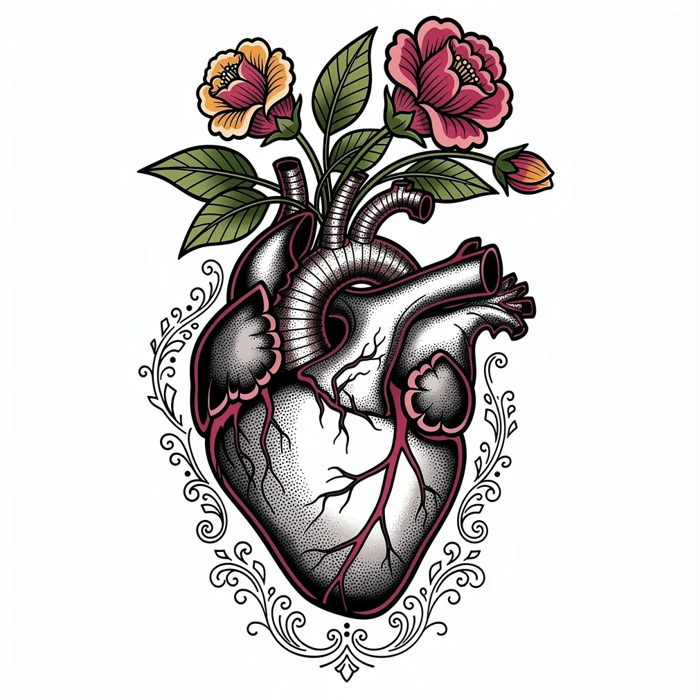 A neo-traditional anatomical human heart with flowers sprouting from its arteries and veins, featuring bold outlines and rich shading.