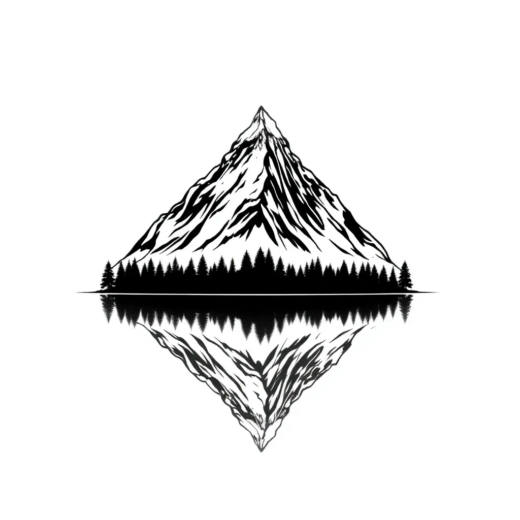 A minimalist outline of a towering mountain range mirrored perfectly in a still alpine lake, framed by simple evergreen silhouettes