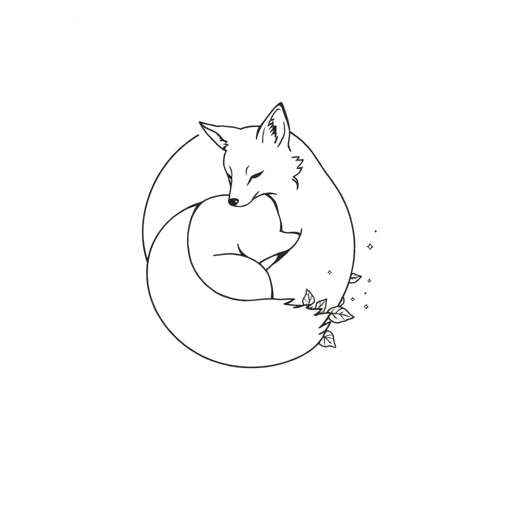 A fine-line fox curled around a crescent moon with its tail dissolving into scattered autumn leaves and tiny stars