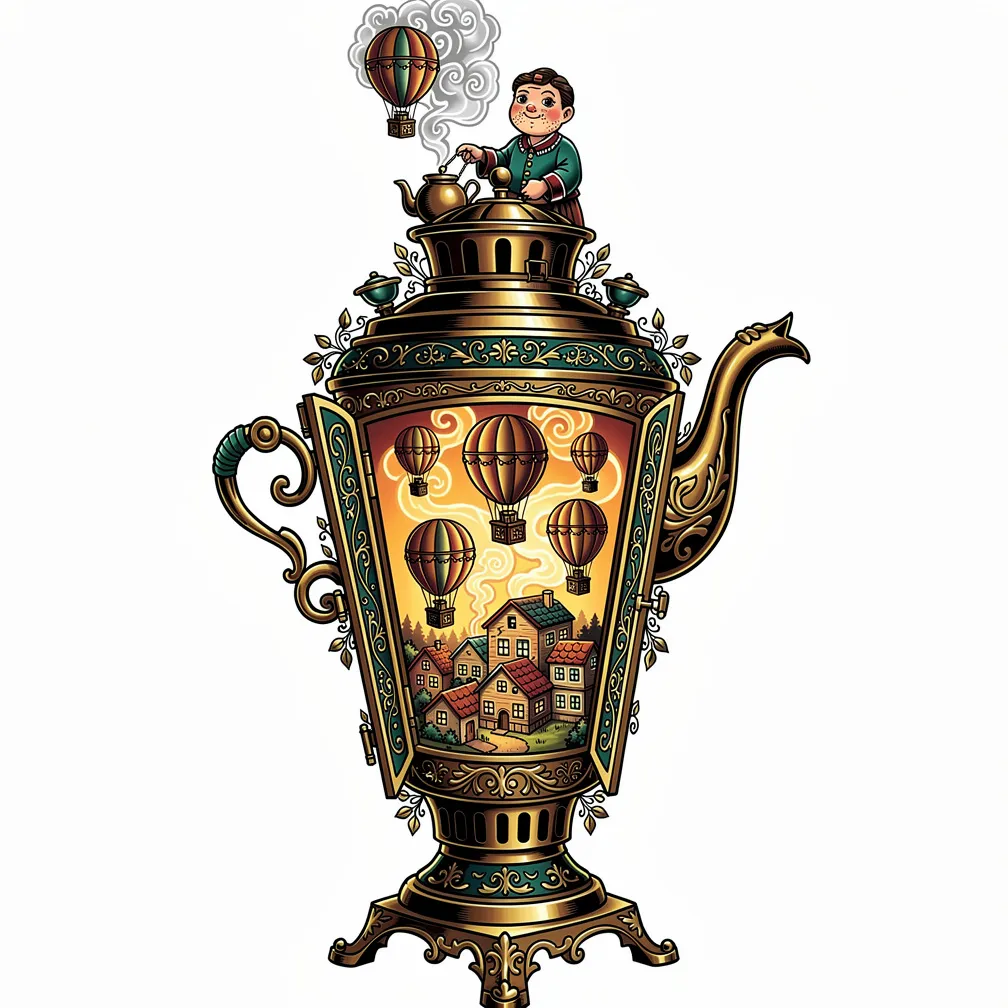 A neo-traditional ornate brass samovar peeled open like a lantern, revealing a lamp-lit floating village of tethered hot-air-balloon houses in fragrant steam, with a smiling tea-seller on the rim.