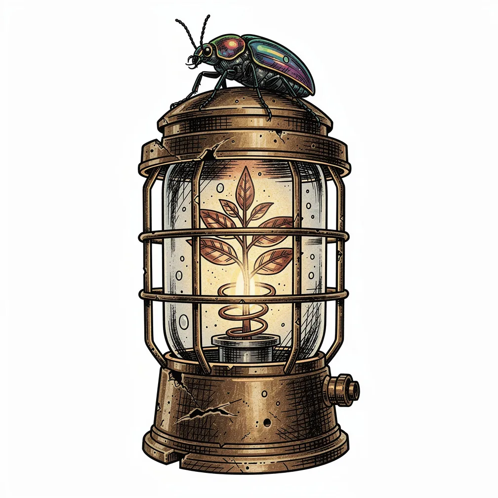An illustrative weathered brass lighthouse lantern with soot-stained glass, holding a tiny lit sapling with copper leaves, topped by a jewel beetle with opal eyes.