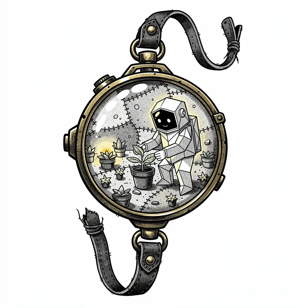 An illustrative dented brass monocle with a leather tether, its lens refracting a tiny lamp-lit lunar greenhouse with star-succulents and an origami astronaut tending a seedling.