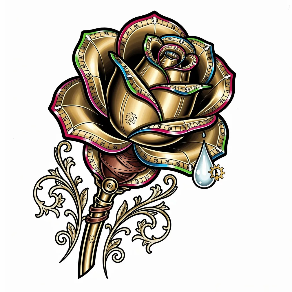 A neo-traditional mechanical rose with brass petals engraved with tiny clock faces, a gear-shaft stem with cog leaves and a stitched leather thorn, and a crystal dewdrop refracting a faint gear-sun.