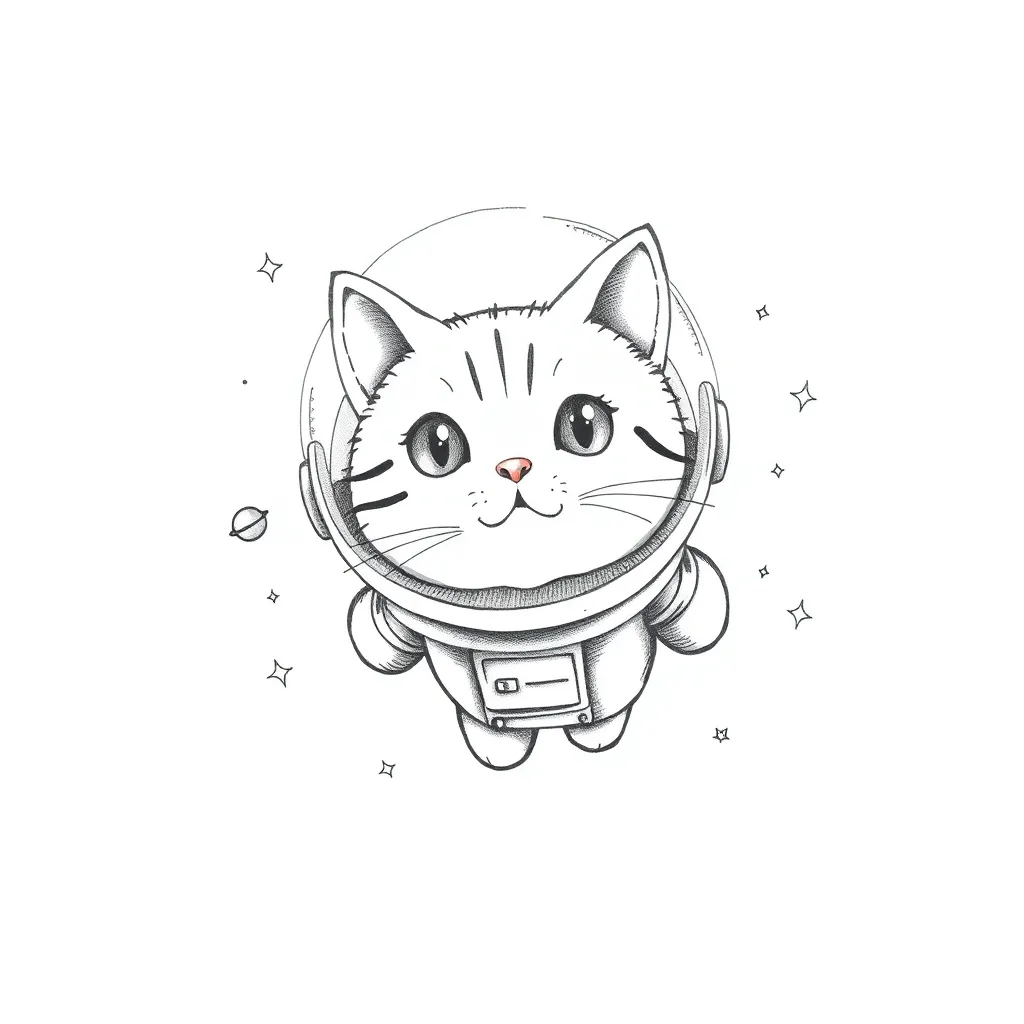 A tiny illustrative cat astronaut floating in space wearing a goldfish bowl helmet with stars and planets around it